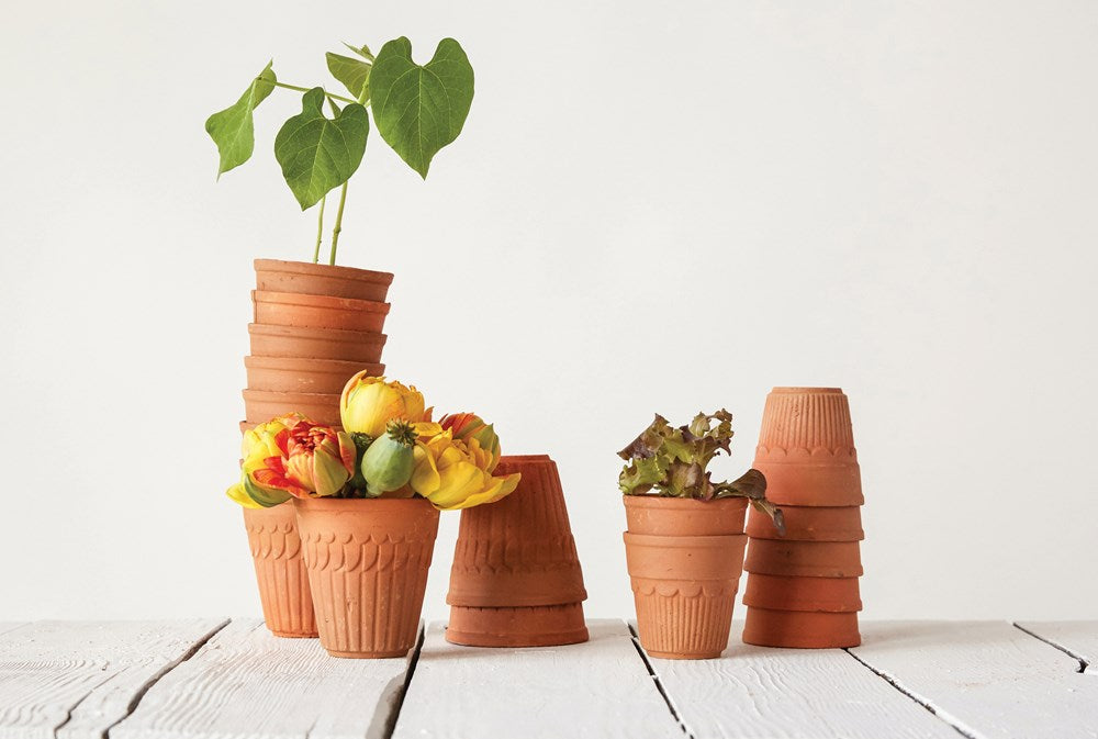 The 4" Round x 4"H Terra-cotta Pot with vertical wing design is just the right size to hold your herbs or small starter plant babies. The pot holds a 3" Pot.
