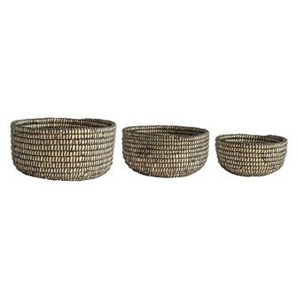 The Hand-Woven Grass Baskets in Natural & Black colors are perfect for displaying fruit, your favorite Boho bangles, or keeping a place for your tv remote.  Comes in three sizes; each sold separately.  Small: 6-3/4"Round x 3-1/2"H Medium: 8-1/4" Round x 4-1/4"H Large: 10" Round x 5"H