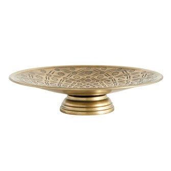 Perfect for so many things.  Use this 10-1/2" Round x 3"H Decorative Debossed Metal Footed Pedestal with an Antique Gold Finish for displaying your favorite finds, serving tray, or turn on it side on a bookshelf.
