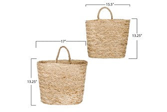 Hand-Woven Seagrass Wall Baskets w/ Handle are perfect to hang on your wall indoors or out or keep close to your feet.  Add to your patio to keep your pool towels or add your special greenery for a bountiful feel.  Baskets come in two sizes.  Small: 14-1/2"L x 6-1/4"W x 13"H Large: 16"L x 8-3/4"W x 13-3/4"H Hangs or Sits