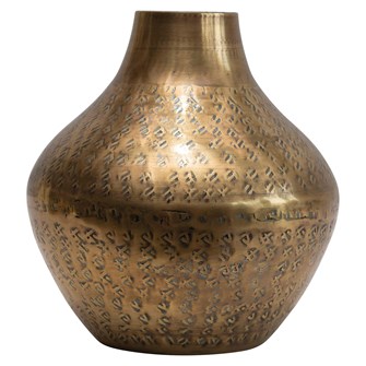 Add some Mid-Century to your room or shelf with this 5-1/2" Round x 5-3/4"H Hammered Metal Vase with an Antique Brass Finish. 