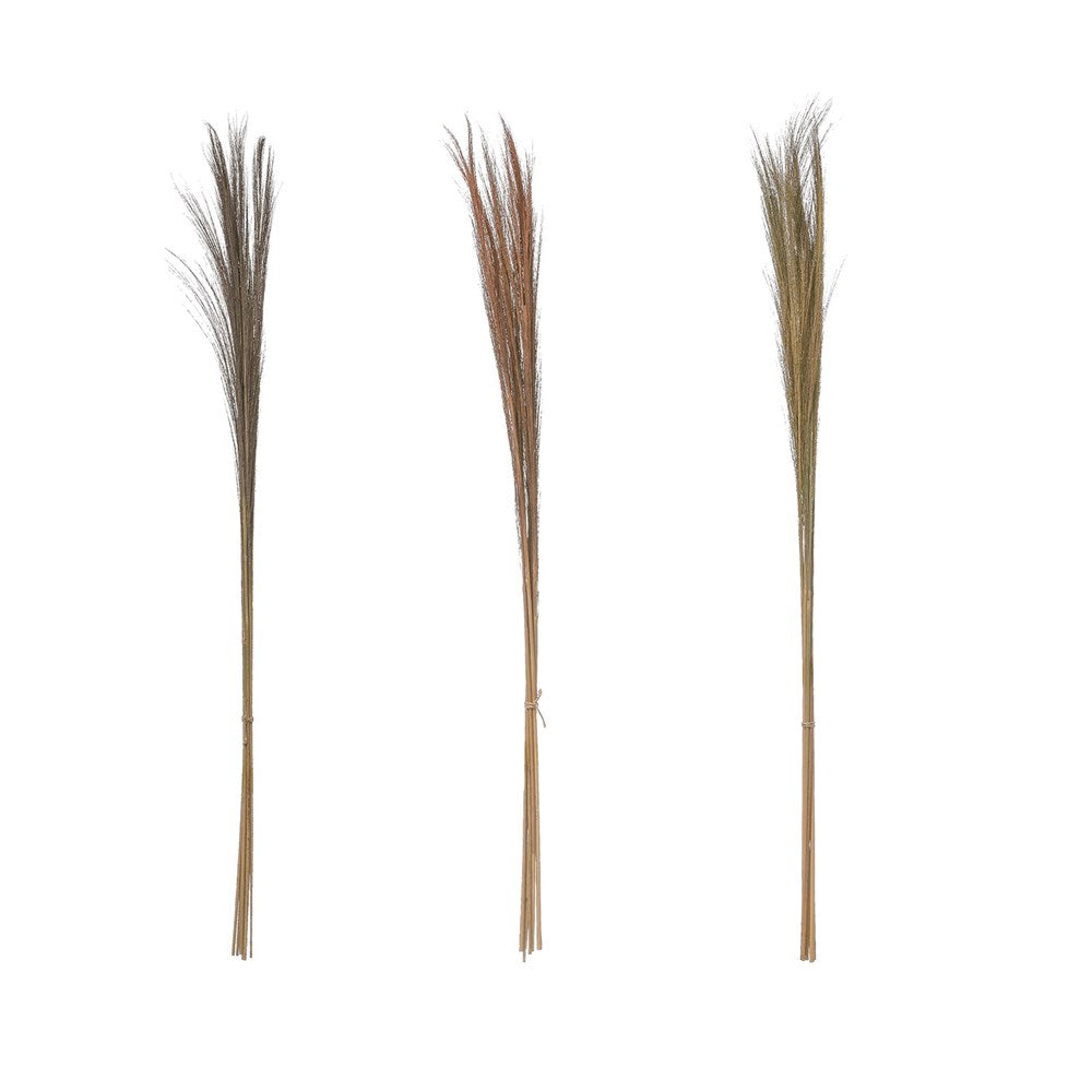 Simply place this dried natural feather grass bunch in a vase to add vertical dimension. To add character to a shelf or tabletop, lay it horizontally in a long decorative container or directly on the shelf with a figurine or framed picture in front of the stems.  55"H Dried Natural Feather Grass Bunch, 3 Colors; Rust, Lavender, and Olive