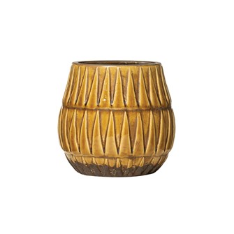 7" Round x 6-1/2"H Embossed Terra-cotta Planter w/ Triangle Pattern, Crackle Glaze, Mustard Color (Holds 6" Pot)