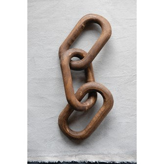 The 19"L x 5"W Reclaimed Wood Chain with 3 Links is a unique accent to any décor.  Add to your coffee table, use with a decorative rope as a curtain tie, or hang on your wall.  These are so versatile.