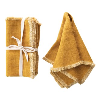Add these vibrant Mustard Color 18" Square Linen Blend Napkin with Fringe Trim to your next table setting for a casual or elegant table. Comes as a Set of 4.