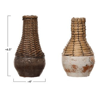 Hand-Woven Rattan & Clay Vase, Distressed Finish, 2 Colors (Each Varies)