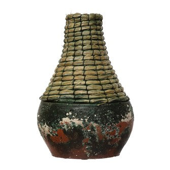 Hand-Woven Rattan & Clay Vase, Distressed Black (Each One Will Vary)
