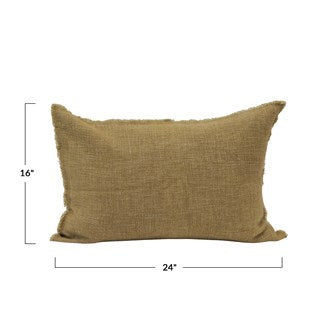 This Olive Color 24"L x 16"H Linen Blend Lumbar Pillow w/ Frayed Edges sets a casual comfort in any room. Add to your favorite chair. Soft and Warm tones.