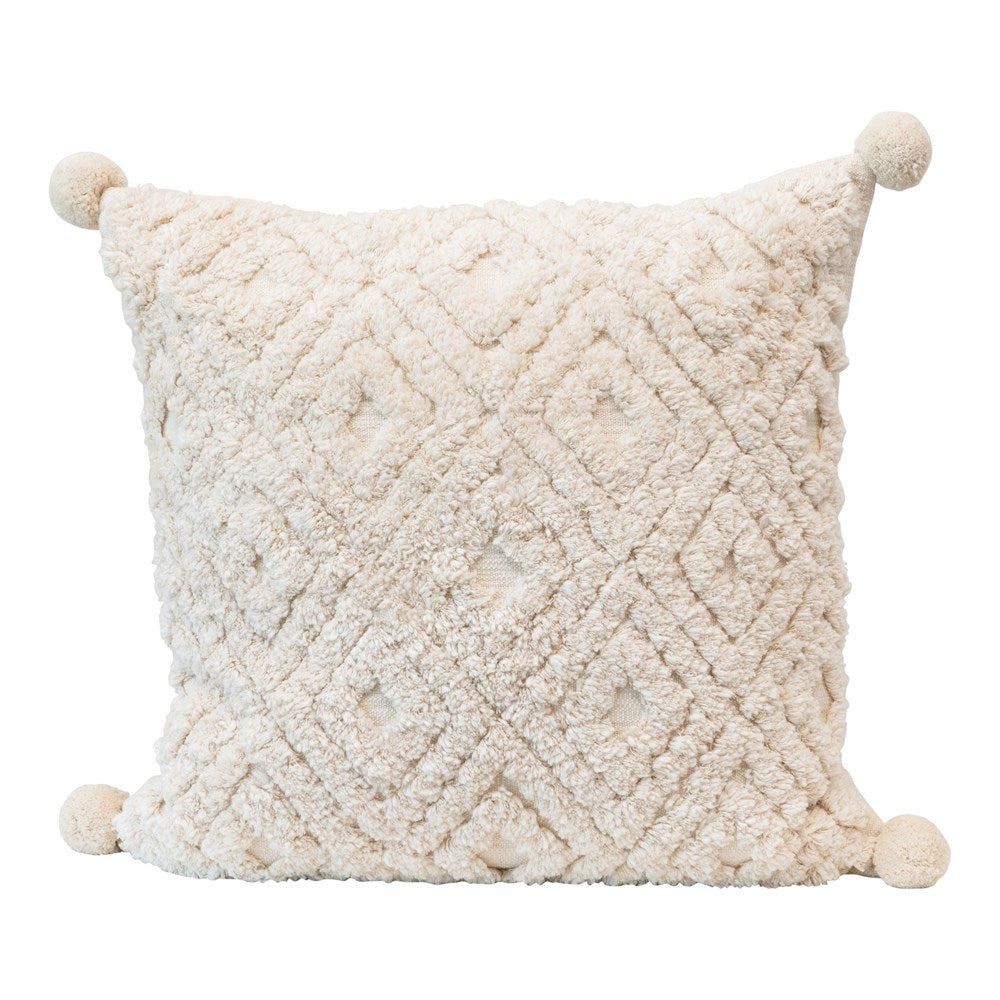 A diamond design adds to this 24" Square Cotton Tufted Pillow w/ Pom Poms with a Cream Color. The perfect pillow for any sofa or bed.