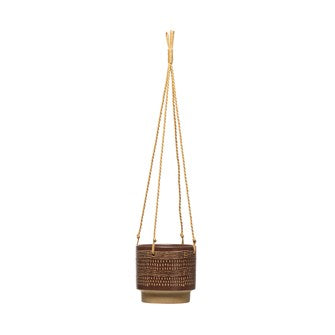This Brown Hanging Stoneware Planter w/ Pattern & Rope Hanger is perfect for your plant babies to swing in the cool breeze. Planter measures 5-3/4" Round x 5-1/4"H and Holds 5" Pot.