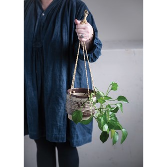 Hanging Stoneware Planter with Pattern & Rope Hanger, Brown (Holds 5" Pot)