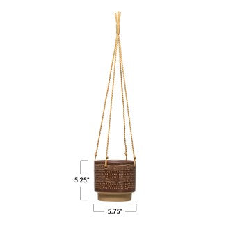 Hanging Stoneware Planter with Pattern & Rope Hanger, Brown (Holds 5" Pot)