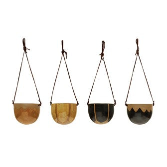 6-3/4" Round x 4-3/4"H Hanging Stoneware Planter w/ Leather Rope, Reactive Glaze, 2 Colors, 2 Styles (Holds 6" Pot) - Each Varies