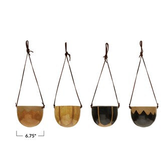 Hanging Stoneware Planter with Leather Rope, Reactive Glaze (Holds 6" Pot) - Each Varies