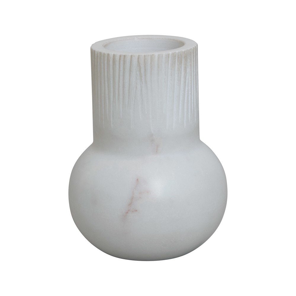 This White Marble Vase with a Carved Pattern makes a sophisticated touch to any room décor. Perfect for any room. Comes in 2 sizes. Small: 3-1/2" Round x 3-1/2"H Large: 3-1/2" Round x 5-3/4"H